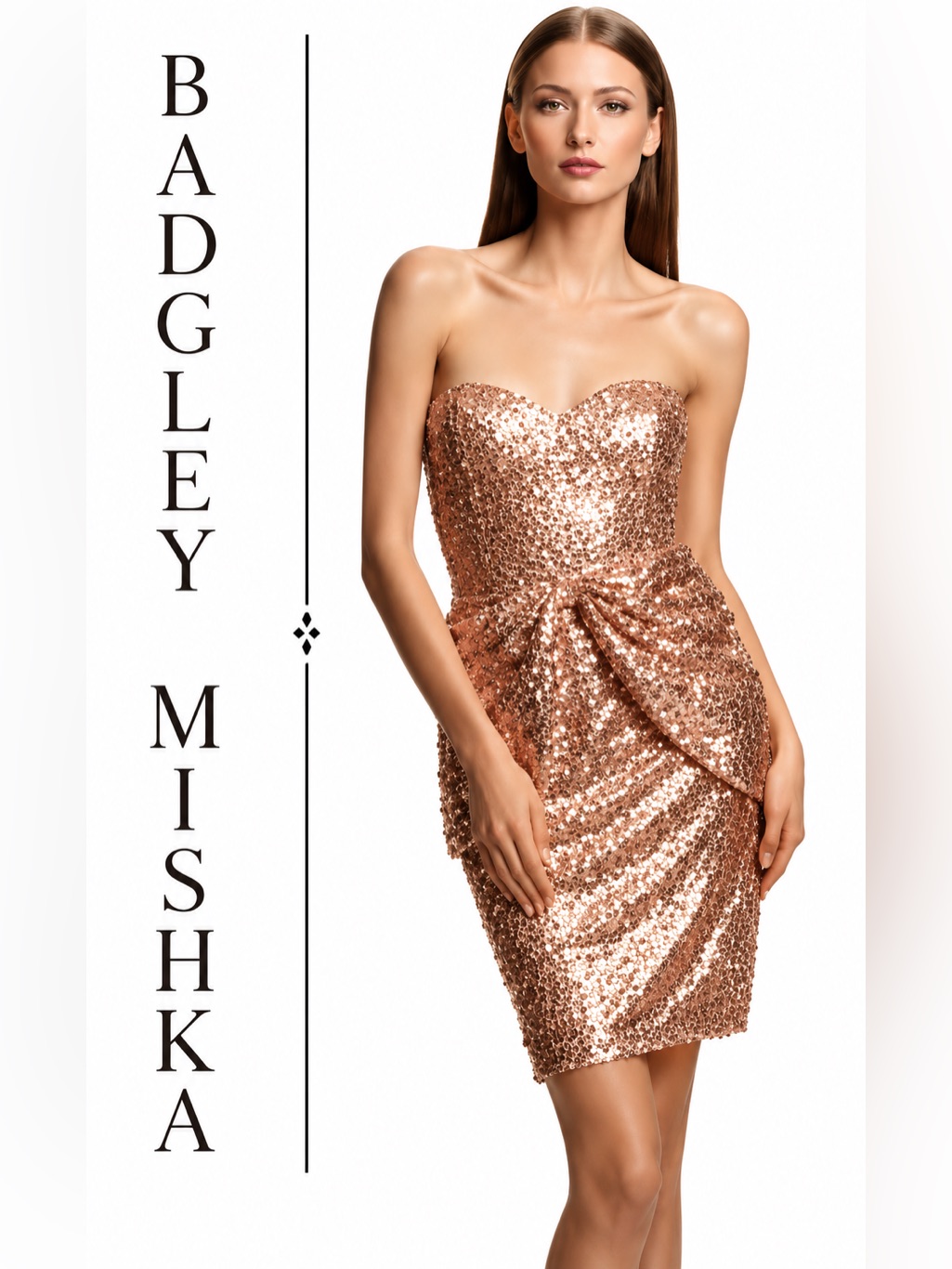 Badgley Mischka Rose Gold Sequin Strapless Cocktail Dress Bow Detail
